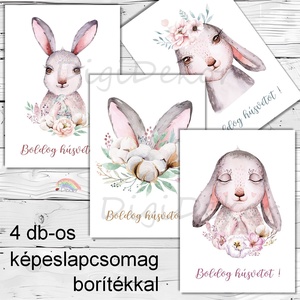 Nyuszis képeslapok húsvétra. 4 db-os képeslapcsomag borítékokkal. , Otthon & Életmód, Papír, írószer, Képeslap, üdvözlőlap, Ajándékozás kellékei, Fotó, grafika, rajz, illusztráció, Papírművészet, MESKA