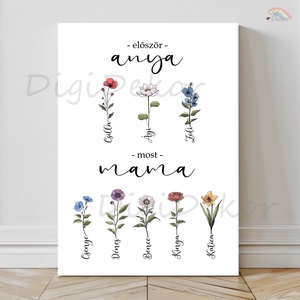 Anyák napi falikép a hónap virágaival. Először Anya, most Mama. Névre szóló ajándék. , Otthon & Életmód, Dekoráció, Kép & Falikép, Poszter, Fotó, grafika, rajz, illusztráció, MESKA