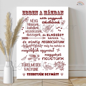 Klasszikus Ebben a házban... táblakép bordó betűkkel, Otthon & Életmód, Dekoráció, Fali és függő dekoráció, Falra akasztható dekor, Fotó, grafika, rajz, illusztráció, MESKA