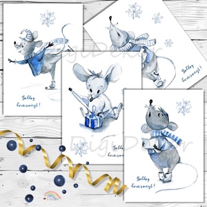Kék egerek karácsonykor. Hangulatos ünnepi képeslapok csomagban. , Karácsony, Karácsonyi ajándékozás, Karácsonyi képeslap, üdvözlőlap, ajándékkísérő, Fotó, grafika, rajz, illusztráció, Papírművészet, MESKA