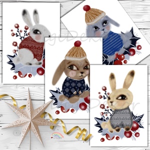 Karácsonyi nyuszik. Aranyos ünnepi képeslapok csomagban., Karácsony, Karácsonyi ajándékozás, Karácsonyi képeslap, üdvözlőlap, ajándékkísérő, Fotó, grafika, rajz, illusztráció, Papírművészet, MESKA