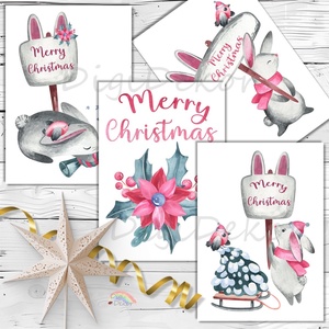 Merry Christmas! Karácsonyi képeslapok nyuszival. 4 db, Karácsony, Karácsonyi ajándékozás, Karácsonyi képeslap, üdvözlőlap, ajándékkísérő, Fotó, grafika, rajz, illusztráció, Papírművészet, MESKA