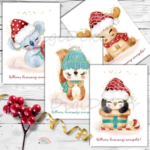 Állatos karácsonyi képeslap-csomag, Karácsony, Karácsonyi ajándékozás, Karácsonyi képeslap, üdvözlőlap, ajándékkísérő, Fotó, grafika, rajz, illusztráció, Papírművészet, MESKA