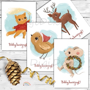 Állatkás karácsonyi képeslapok csomagban, Karácsony, Karácsonyi ajándékozás, Karácsonyi képeslap, üdvözlőlap, ajándékkísérő, Fotó, grafika, rajz, illusztráció, Papírművészet, MESKA
