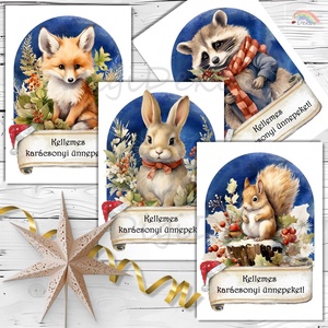 Erdei állatok karácsonya. 4 db-os képeslap-csomag gyerekeknek. , Karácsony, Karácsonyi ajándékozás, Karácsonyi képeslap, üdvözlőlap, ajándékkísérő, Fotó, grafika, rajz, illusztráció, Papírművészet, MESKA