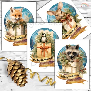 Karácsonyi képeslapok erdei állatokkal. Üdvözlőlap-csomag. , Karácsony, Karácsonyi ajándékozás, Karácsonyi képeslap, üdvözlőlap, ajándékkísérő, Fotó, grafika, rajz, illusztráció, Papírművészet, MESKA