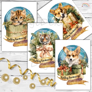 Kutyák és cicák karácsonya. Képeslap-csomag., Karácsony, Karácsonyi ajándékozás, Karácsonyi képeslap, üdvözlőlap, ajándékkísérő, Fotó, grafika, rajz, illusztráció, Papírművészet, MESKA