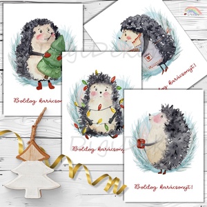 Sünis képeslapok karácsonyra. 4 db üdvözlőlap. , Karácsony, Karácsonyi ajándékozás, Karácsonyi képeslap, üdvözlőlap, ajándékkísérő, Fotó, grafika, rajz, illusztráció, Papírművészet, MESKA