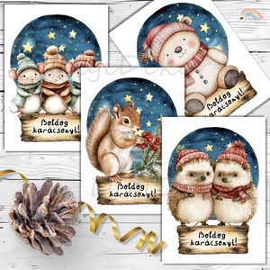 Karácsonyi üdvözlőlapok aranyos állatokkal. , Karácsony, Karácsonyi ajándékozás, Karácsonyi képeslap, üdvözlőlap, ajándékkísérő, Fotó, grafika, rajz, illusztráció, Papírművészet, MESKA