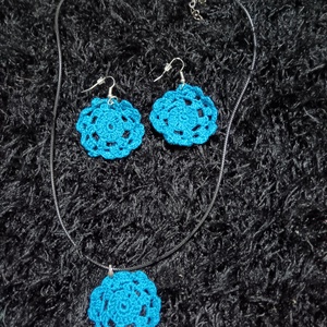 Kék horgolt szett fülbevaló és nyaklánc, Ékszer, Ékszerszett, Ékszerkészítés, MESKA