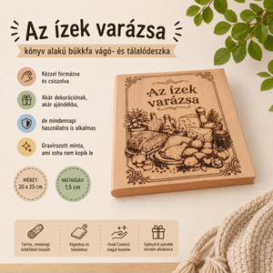 Könyv formájú gravírozott bükkfa vágó- és tálalódeszka - Az ízek varázsa, Otthon & Életmód, Konyhafelszerelés, tálalás, Sütés, főzés, Vágódeszka, Famegmunkálás, Gravírozás, pirográfia, MESKA