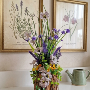 Vadvirágos rönk � Rusztikus dekoráció lila és sárga színekben(25cm magas), Otthon & Életmód, Virágdekoráció, Virágdíszek, Virágdísz kaspóban, Virágkötés, MESKA