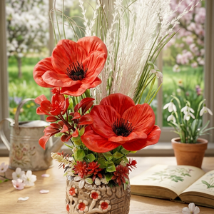 Vibráló Piros Pipacsos Asztaldísz � Rusztikus Kaspóban, Barkával (20 cm), Otthon & Életmód, Dekoráció, Asztal és polc dekoráció, Asztaldísz, Virágkötés, MESKA