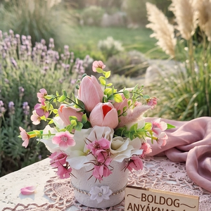 Romantikus tulipános virágdísz � Egyedi anyáknapi meglepetés(20cm magas), Otthon & Életmód, Dekoráció, Asztal és polc dekoráció, Asztaldísz, Virágkötés, MESKA