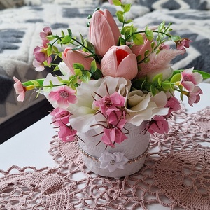 Romantikus tulipános virágdísz � Egyedi anyáknapi meglepetés(20cm magas) - otthon & életmód - dekoráció - asztal és polc dekoráció - asztaldísz - Meska.hu