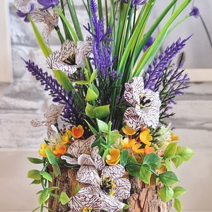 Lila vadvirágos mező kéreg kaspóban � Rusztikus erdei asztaldísz selyemvirággal(25cm magas) - Meska.hu