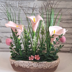Vintage stílusú rózsaszín kála kompozíció kézműves kaspóban � Kedves egyedi ajándék nőknek(20cm magas,25cm széles) - otthon & életmód - dekoráció - asztal és polc dekoráció - asztaldísz - Meska.hu
