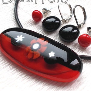 Piros - fekete  virágos ékszer, ajándék nőnek, lányoknyak, névnapra, születésnapra., Ékszer, Ékszerszett, Ékszerkészítés, Üvegművészet, MESKA