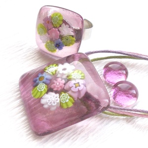 NEMESACÉL!  Orgona csokor, üveg medál gyűrű és fülbevaló, ajándék  ballagásra, névnapra, születésnapra., Ékszer, Ékszerszett, Ékszerkészítés, Üvegművészet, MESKA