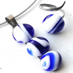 AKCIÓ! NEMESACÉL! Kék - fehér mintás kavicsos ékszerszett. - Meska.hu