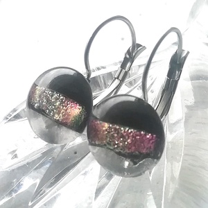 Fekete-rózsaszín szalagos  kapcsos fülbevaló, ajándék nőknek névnapra, születésnapra.  - ékszer - fülbevaló - lógós kerek fülbevaló - Meska.hu