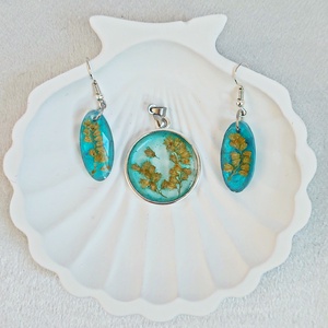 Kék Lagúna Szett: Azúrkék Műgyanta Ékszer Szett Préselt Virágokkal, Ékszer, Ékszerszett, Ékszerkészítés, MESKA