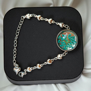 Virágos Szív Kaboson Karkötő Valódi Virágokkal, Ékszer, Karkötő, Charm karkötő, Ékszerkészítés, MESKA