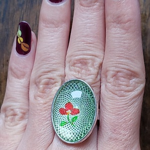 Vintage Stílusú Piros Virágos Zöld Álom Medál Fülbevaló Gyűrű Szett - ékszer - ékszerszett - Meska.hu