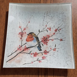 Vörösbegy üvegtál, Otthon & Életmód, Konyhafelszerelés, tálalás, Tálalás, Kínálótál, Decoupage, transzfer és szalvétatechnika, MESKA