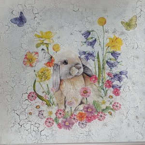 Húsvéti nyuszis üvegtál, Otthon & Életmód, Konyhafelszerelés, tálalás, Tálalás, Kínálótál, Decoupage, transzfer és szalvétatechnika, MESKA