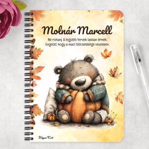 Személyre szabható - Cuki őszi szundi maci és a tök mintás A6-os füzet - otthon & életmód - papír, írószer - jegyzetfüzet & napló - Meska.hu