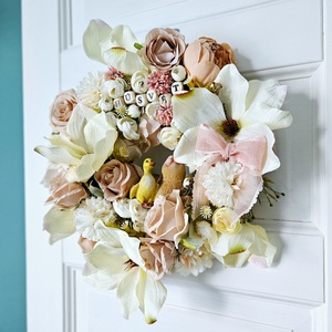 Magnóliás pasztell virágáradat kiskacsával kisnyuszival �  - ünnepi díszek, dekorációk - húsvéti díszek és dekorációk - húsvéti ajtódísz, kopogtató - Meska.hu