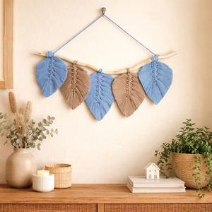 Babakék és Homok levelek faágon - makramé falidísz, Otthon & Életmód, Dekoráció, Fali és függő dekoráció, Falra akasztható dekor, Csomózás, MESKA