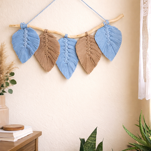 Babakék és Homok levelek faágon - makramé falidísz - otthon & életmód - dekoráció - fali és függő dekoráció - falra akasztható dekor - Meska.hu