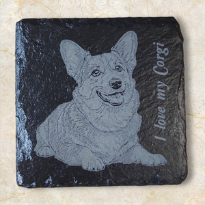 Lézergravírozott pala poháralátét Corgi képpel, I love my Corgi felirattal., Otthon & Életmód, Konyhafelszerelés, tálalás, Tálalás, Tányér- és poháralátét, Gravírozás, pirográfia, MESKA