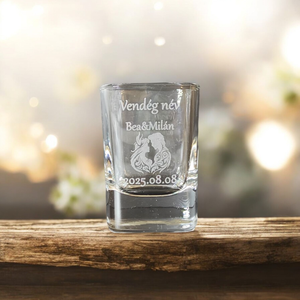 Gravírozott esküvői pálinkás pohár 55 ml szögletes, Otthon & Életmód, Konyhafelszerelés, tálalás, Tálalás, Pálinkás poharak, szettek, Gravírozás, pirográfia, MESKA