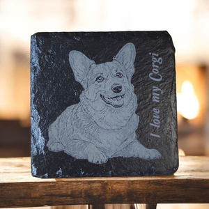 Gravírozott pala poháralátét Corgi képpel, I love my Corgi felirattal., Otthon & Életmód, Konyhafelszerelés, tálalás, Tálalás, Tányér- és poháralátét, Gravírozás, pirográfia, MESKA