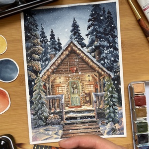 Karácsonyi házikó - Művészeti nyomat (az eredeti akvarell festmény alapján), Otthon & Lakás, Dekoráció, Kép & Falikép, Művészi nyomat, Festészet, MESKA