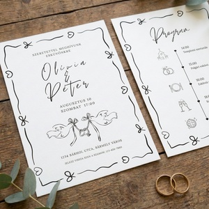 Esküvői Meghívó, Minimalista Line Art Stílus, Kétoldalas Programrenddel, Modern Romantikus, Személyre Szabható - esküvő - meghívó & kártya - meghívó - Meska.hu