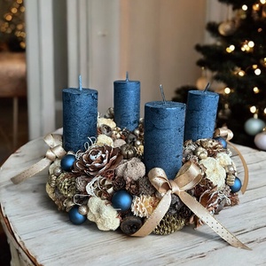Adventi koszorú natúr-kék-arany színben  - Meska.hu
