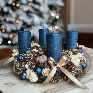 Adventi koszorú natúr-kék-arany színben  - karácsony - adventi díszek - adventi koszorú - Meska.hu