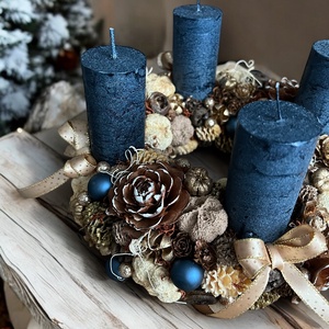 Adventi koszorú natúr-kék-arany színben  - karácsony - adventi díszek - adventi koszorú - Meska.hu