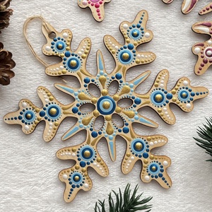 Karácsonyfadísz - kék és arany jégvirág / Hópehely mandala (15 cm, kétoldalas), Karácsony, Karácsonyi lakásdekoráció, Karácsonyfadíszek, Festett tárgyak, MESKA
