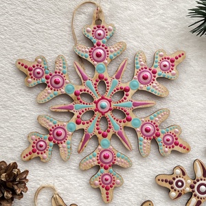 Karácsonyfadísz - pink és türkiz jégvirág / Hópehely mandala (15 cm, kétoldalas), Karácsony, Karácsonyi lakásdekoráció, Karácsonyfadíszek, Festett tárgyak, MESKA