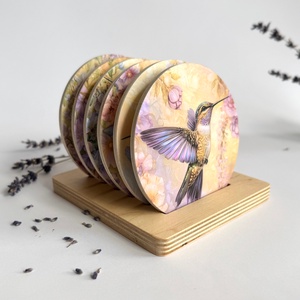 Fa poháralátét szett  választható kolibri mintákkal, Otthon & Életmód, Konyhafelszerelés, tálalás, Tálalás, Tányér- és poháralátét, Decoupage, transzfer és szalvétatechnika, MESKA