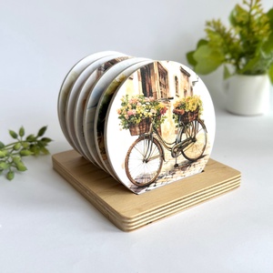 Fa poháralátét szett  választható bicikli mintákkal, Otthon & Életmód, Konyhafelszerelés, tálalás, Tálalás, Tányér- és poháralátét, Decoupage, transzfer és szalvétatechnika, MESKA