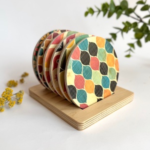 Fa poháralátét szett  választható retro mintákkal, Otthon & Életmód, Konyhafelszerelés, tálalás, Tálalás, Tányér- és poháralátét, Decoupage, transzfer és szalvétatechnika, MESKA