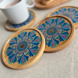 Mandala mintás bambusz poháralátét szett  kézzel festett, kék-lila hangulatban - otthon & életmód - konyhafelszerelés, tálalás - tálalás - tányér- és poháralátét - Meska.hu