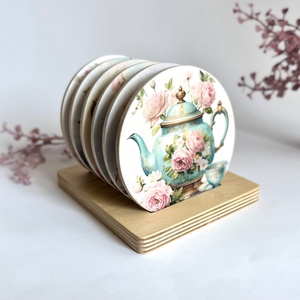 Fa poháralátét szett  választható teáskanna mintákkal, Otthon & Életmód, Konyhafelszerelés, tálalás, Tálalás, Tányér- és poháralátét, Decoupage, transzfer és szalvétatechnika, MESKA