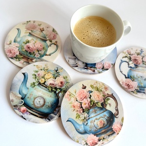 Fa poháralátét teáskanna mintákkal  többféle design, Otthon & Életmód, Konyhafelszerelés, tálalás, Tálalás, Tányér- és poháralátét, Decoupage, transzfer és szalvétatechnika, MESKA